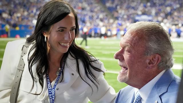 Kalen Irsay Jackson and her father Jim Irsay greet on Sunday, Oct. 1, 2023, during a halftime event during the team s 29-23 loss to the Los Angeles Rams at Lucas Oil Stadium in Indianapolis.