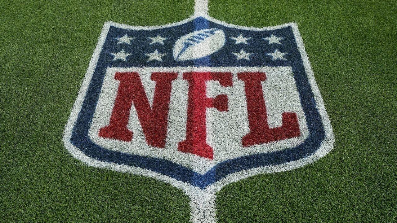 The NFL shield logo on the field at SoFi Stadium.