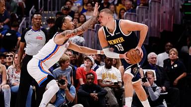 Denver Nuggets center Nikola Jokic (15) controls the ball under pressure from Oklahoma City Thunder forward Jaylin Williams (6) in the second quarter during game four of the second round of the 2025 NBA Playoffs at Ball Arena.