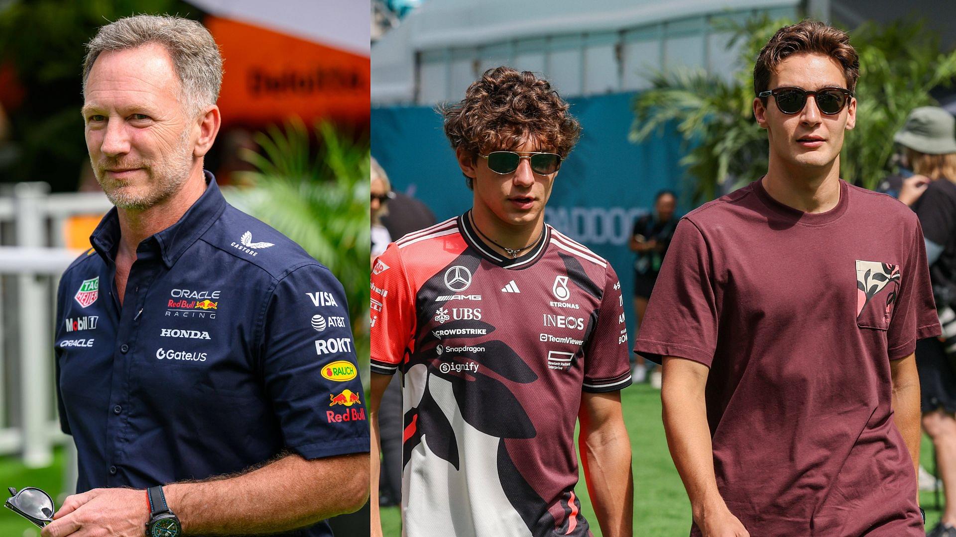 Christian Horner (L), Kimi Antonelli and George Russell (R)
