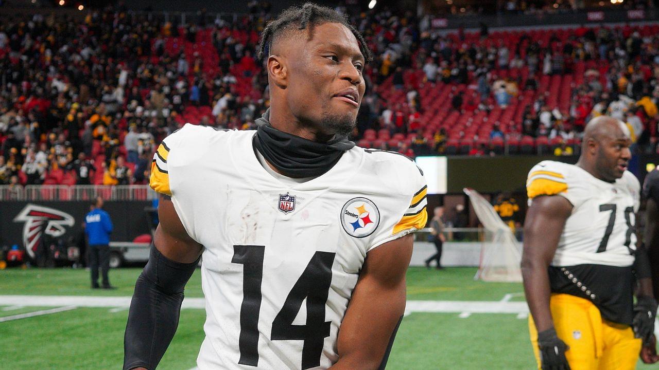 Pittsburgh Steelers wide receiver George Pickens (14) celebrates after a victory against the Atlanta Falcons at Mercedes-Benz Stadium.