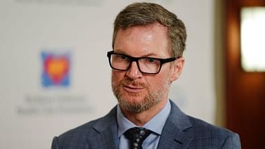 NASCAR legend Dale Earnhardt Jr. talks to media following the Memorial Tournament Legends Luncheon at the Ohio Union. Earnhardt emceed the event.