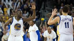 Mar 3, 2016; Oakland, CA, USA; Golden State Warriors forward Draymond Green (23) high fives guard Klay Thompson (11) after a play against the Oklahoma City Thunder during the fourth quarter at Oracle Arena. The Golden State Warriors defeated the Oklahoma City Thunder 121-106. Mandatory Credit: Kelley L Cox-Imagn Images