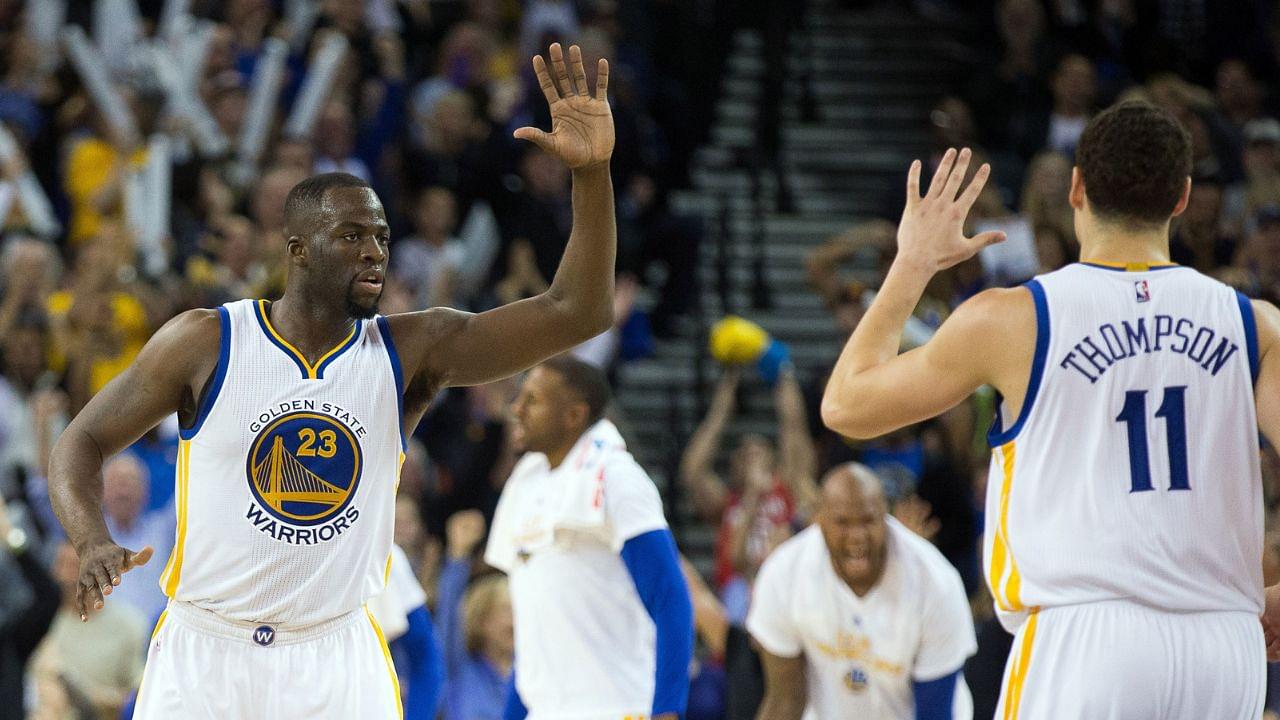 Mar 3, 2016; Oakland, CA, USA; Golden State Warriors forward Draymond Green (23) high fives guard Klay Thompson (11) after a play against the Oklahoma City Thunder during the fourth quarter at Oracle Arena. The Golden State Warriors defeated the Oklahoma City Thunder 121-106. Mandatory Credit: Kelley L Cox-Imagn Images