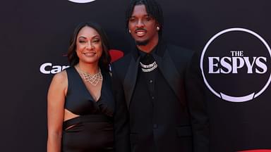 Washington Commanders quarterback Jayden Daniels and his mother Regina Jackson arrive on the red carpet before the 2024 ESPYS at Dolby Theatre.