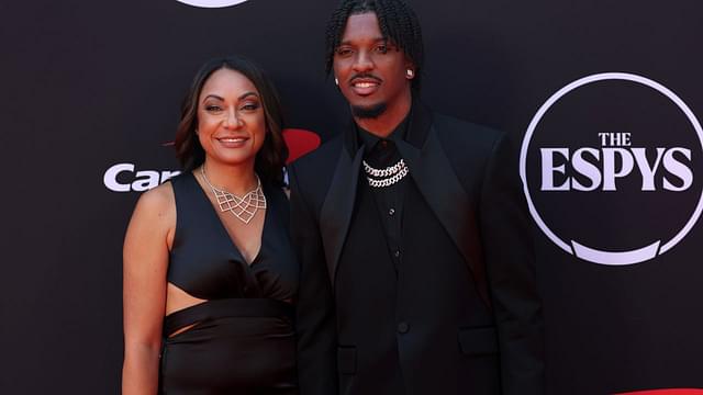 Washington Commanders quarterback Jayden Daniels and his mother Regina Jackson arrive on the red carpet before the 2024 ESPYS at Dolby Theatre.