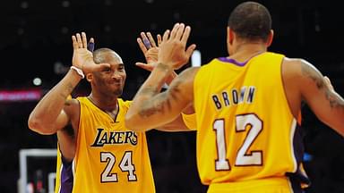 Los Angeles Lakers shooting guard Kobe Bryant (24) congratulates point guard Shannon Brown (12) after drawing a foul against the Atlanta Hawks during the second half at the Staples Center.