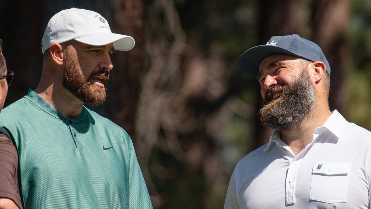 Travis Kelce and brother Jason Kelce talk on the 4th tee during the first round of the American Century Celebrity Championship golf tournament at Edgewood Tahoe Golf Course in Stateline, Nev., Friday, July 12, 2024.