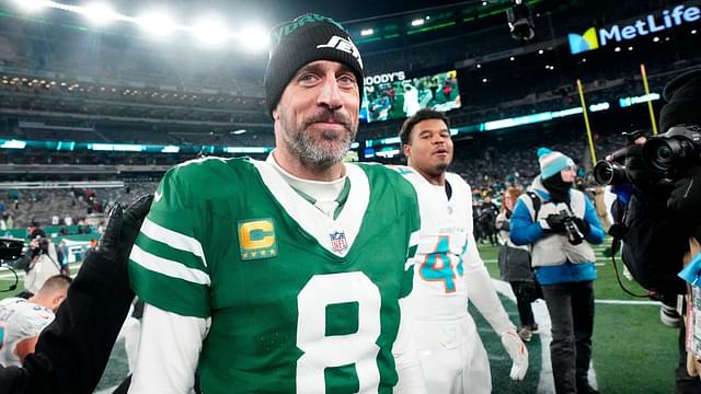 New York Jets quarterback Aaron Rodgers (8) is shown after he led Gang Green to a 32-20 victory against the Miami Dolphins, on Jan. 5, 2025, in East Rutherford, N.J.