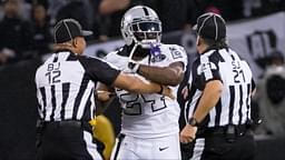 Oakland Raiders running back Marshawn Lynch (24) in an altercation with the referees during the second quarter against the Kansas City Chiefs at Oakland Coliseum.