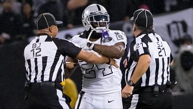 Oakland Raiders running back Marshawn Lynch (24) in an altercation with the referees during the second quarter against the Kansas City Chiefs at Oakland Coliseum.