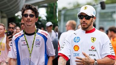 Timothee Chalamet at Miami GP (L) and Lewis Hamilton (R)
