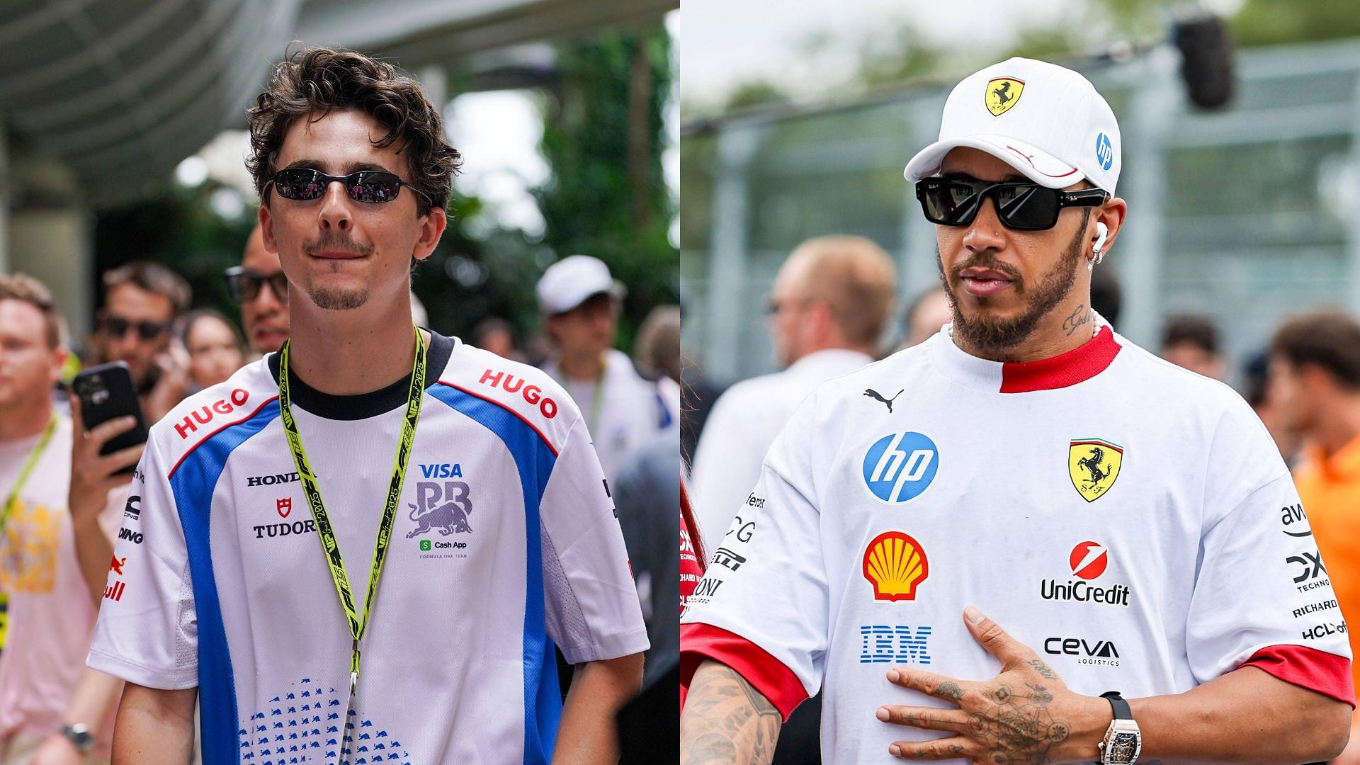 Timothee Chalamet at Miami GP (L) and Lewis Hamilton (R)