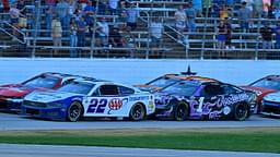 NASCAR Cup Series driver Kyle Larson (5) and driver Joey Logano (22) and driver Ross Chastain (1) and driver Ricky Stenhouse Jr. (47) drives during a restart of the Wurth 400 race at Texas Motor Speedway.