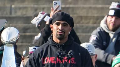 Eagles quarterback Jalen Hurts speaks during the Philadelphia Eagles Super Bowl celebration in front of the Philadelphia Museum of Art, Friday, Feb. 14, 2025.