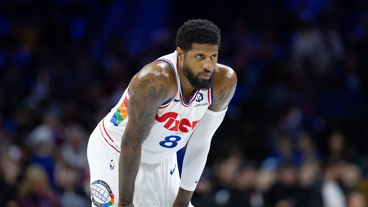 Philadelphia 76ers forward Paul George (8) looks on against the Golden State Warriors during the second quarter at Wells Fargo Center.