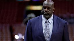 May 23, 2023; Miami, Florida, USA; Shaquille O'Neal looks on before game four between the Miami Heat and the Boston Celtics in the Eastern Conference Finals for the 2023 NBA playoffs at Kaseya Center