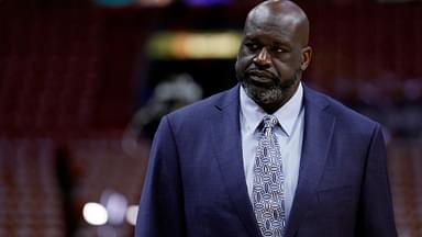 May 23, 2023; Miami, Florida, USA; Shaquille O'Neal looks on before game four between the Miami Heat and the Boston Celtics in the Eastern Conference Finals for the 2023 NBA playoffs at Kaseya Center