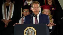 Legendary Alabama football coach Nick Saban introduces President Donald Trump. Trump delivered a special commencement address to University of Alabama graduates at Coleman Coliseum. Graduation occurs over the weekend.