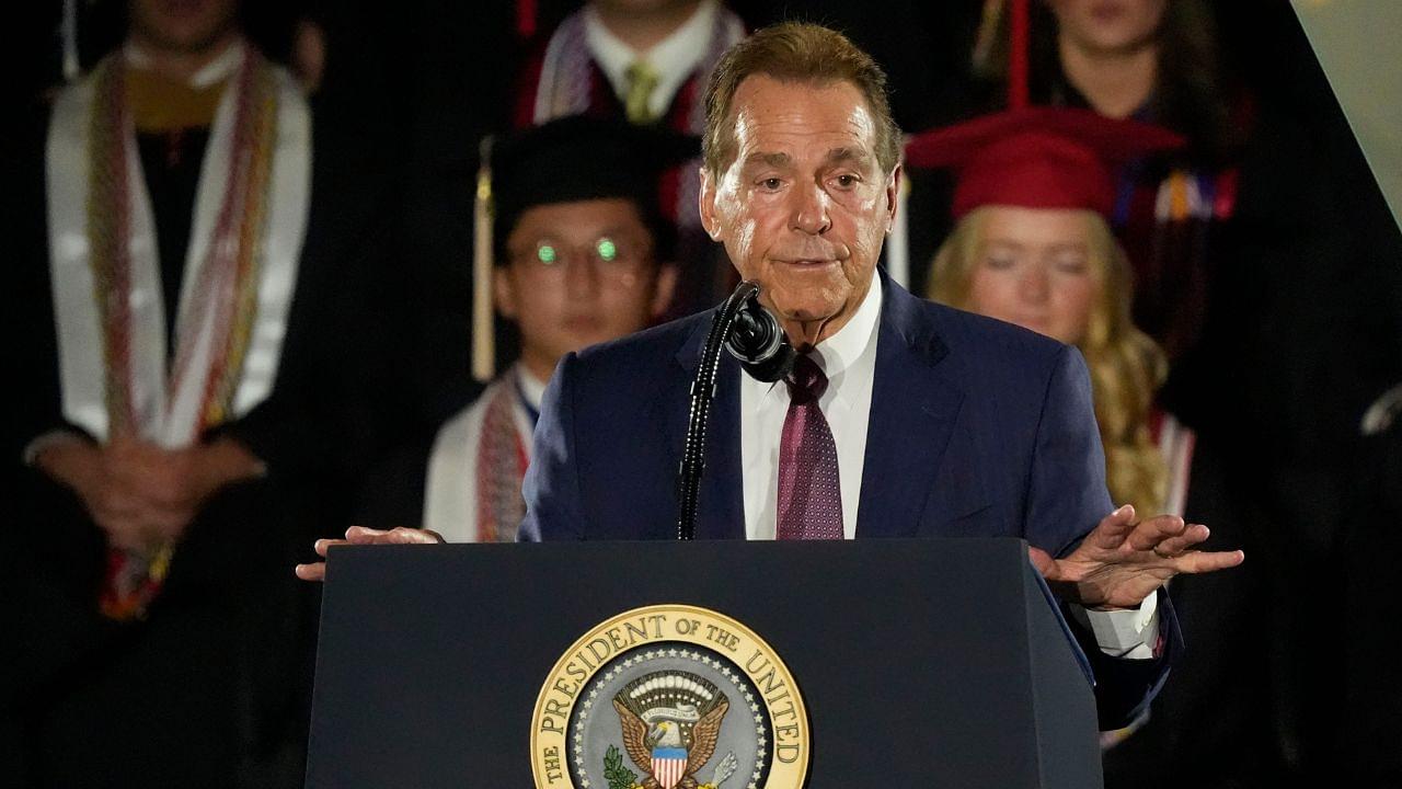 Legendary Alabama football coach Nick Saban introduces President Donald Trump. Trump delivered a special commencement address to University of Alabama graduates at Coleman Coliseum. Graduation occurs over the weekend.