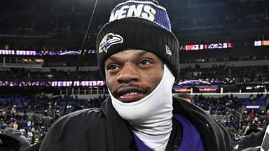 Baltimore Ravens quarterback Lamar Jackson (8) on the field after the game against the Cleveland Browns at M&T Bank Stadium.