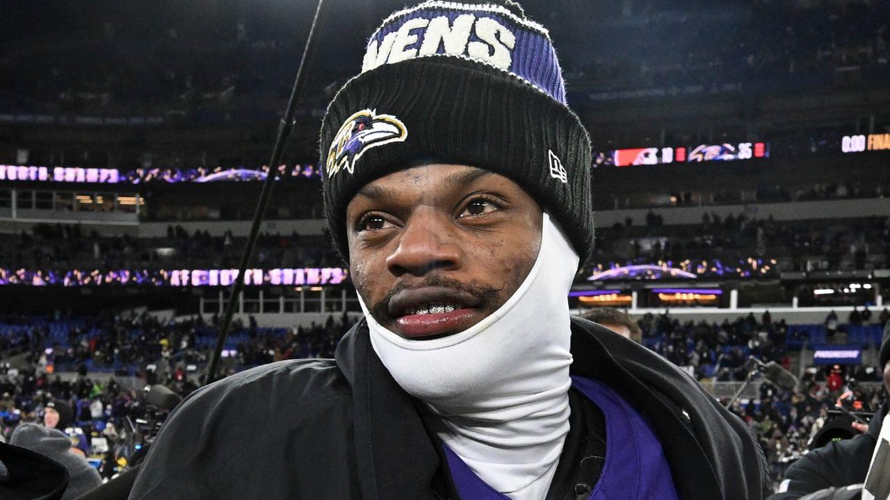 Baltimore Ravens quarterback Lamar Jackson (8) on the field after the game against the Cleveland Browns at M&T Bank Stadium.