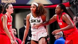 Chicago Sky forward Angel Reese (5) reacts to a flagrant foul from Indiana Fever guard Caitlin Clark (22) on Saturday, May 17, 2025, during a game between the Indiana Fever and the Chicago Sky at Gainbridge Fieldhouse in Indianapolis. The Indiana Fever defeated the Chicago Sky, 93-58.