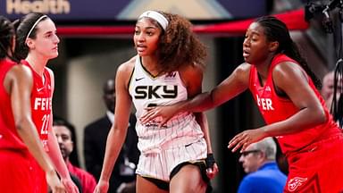Chicago Sky forward Angel Reese (5) reacts to a flagrant foul from Indiana Fever guard Caitlin Clark (22) on Saturday, May 17, 2025, during a game between the Indiana Fever and the Chicago Sky at Gainbridge Fieldhouse in Indianapolis. The Indiana Fever defeated the Chicago Sky, 93-58.