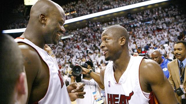Miami Heat s Shaquille O Neal, left, and Dwyane Wade celebrate their 106-105 win over the New Jersey Nets during Game 5 of the second round of the NBA, Basketball Herren, USA Eastern Conference semifinals, on Tuesday, May 16, 2006.