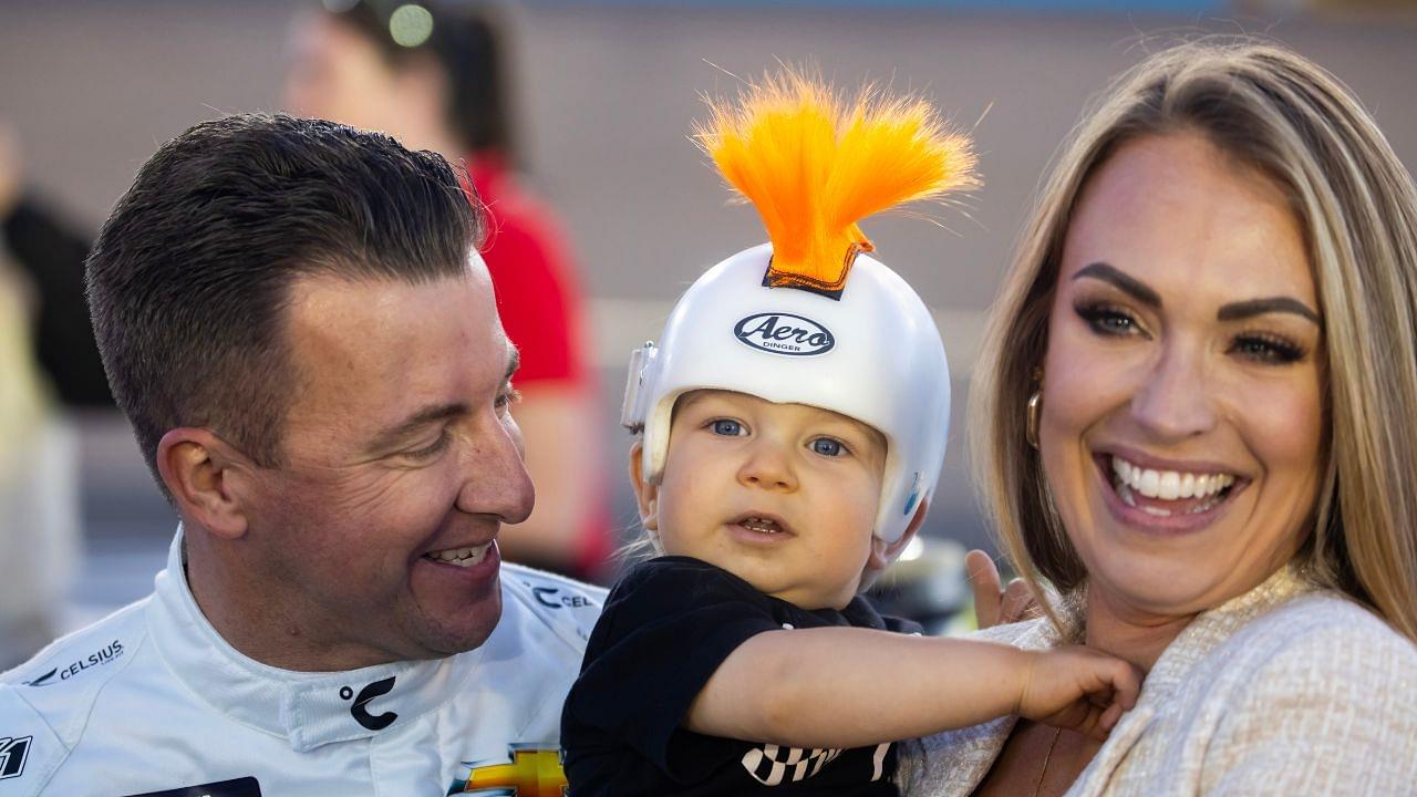 NASCAR Xfinity Series driver AJ Allmendinger with wife Tara Allmendinger and son Aero Allmendinger during the Championship race at Phoenix Raceway.