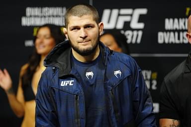 Khabib Nurmagomedov steps on the scale for the ceremonialweigh-in at Intercontinental Downtown Los Angeles for UFC311 Makhachev vs Tsarukyan 2 : Official Weigh-ins