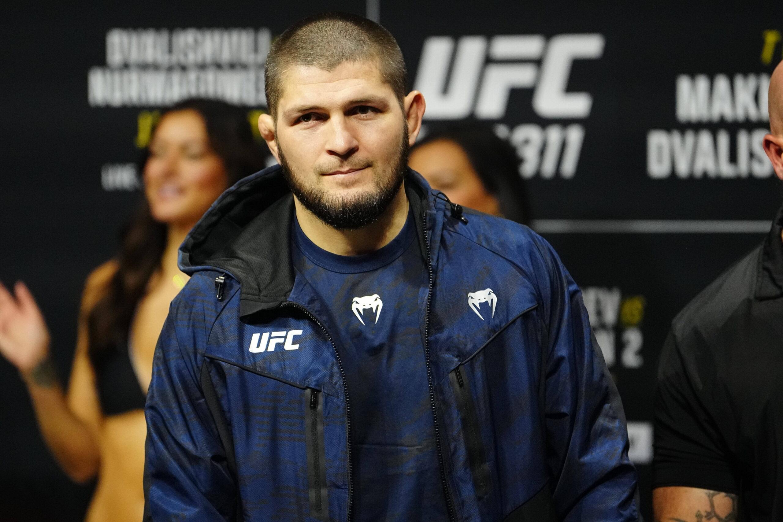 Khabib Nurmagomedov steps on the scale for the ceremonialweigh-in at Intercontinental Downtown Los Angeles for UFC311 Makhachev vs Tsarukyan 2 : Official Weigh-ins