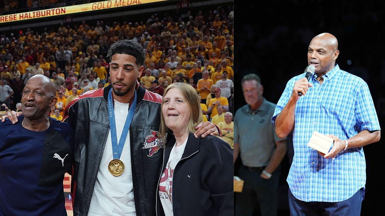 (L) John Haliburton, Tyrese Haliburton, and Brenda Haliburton (R) Charles Barkley