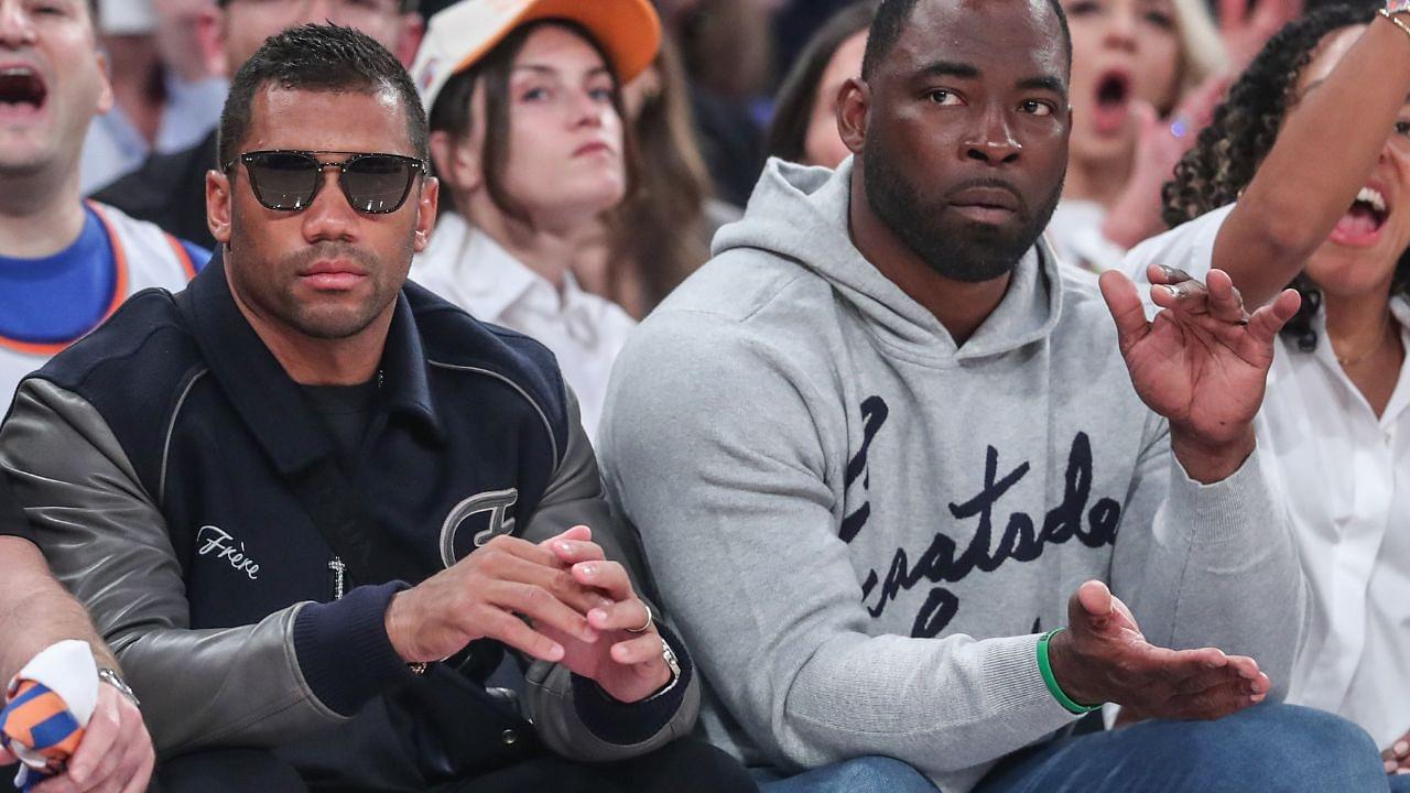 New York Giants quarterback Russell Wilson (l) and former NFL defensive end Justin Tuck (r) watch game five of first round for the 2025 NBA Playoffs between the Detroit Pistons and the New York Knicks at Madison Square Garden.