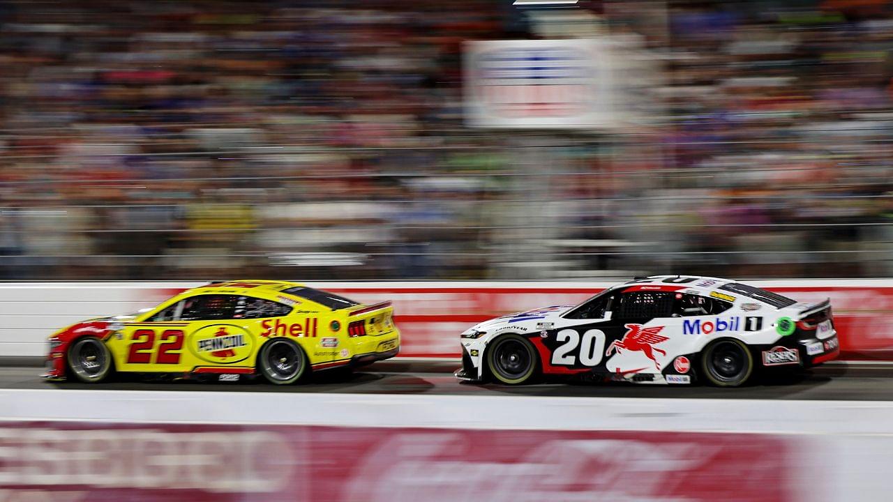 NASCAR Cup Series driver Joey Logano (22) and NASCAR Cup Series driver Christopher Bell (20) during NASCAR All-Star Race at North Wilkesboro Speedway.