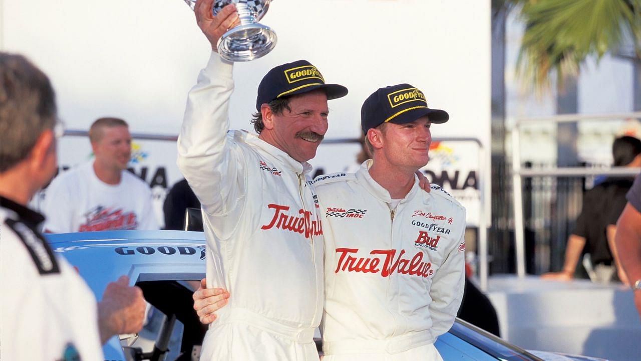 NASCAR driver Dale Earnhardt Sr and Dale Earnhardt Jr in victory lane after Earnhardt Sr. won the IROC race at Daytona International Speedway.