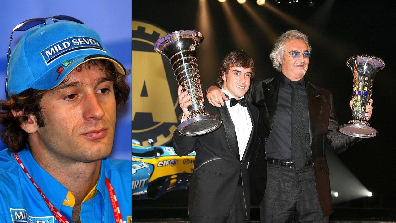 Jarno Trulli(L), Flavio Briatore and Fernando Alonso(R)