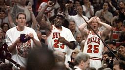 Chicago Bulls players Judd Buechler, left, Michael Jordan, middle, and Steve Kerr celebrate after winning the NBA championship after defeating the Utah Jazz in the 1997 NBA Finals at the United Center.