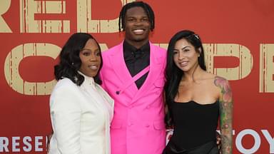 Colorado Buffaloes wide receiver Travis Hunter with his mother Ferrante Harris and his fiancee Leanna Lenee on the red carpet before the 2025 NFL Draft at Lambeau Field.