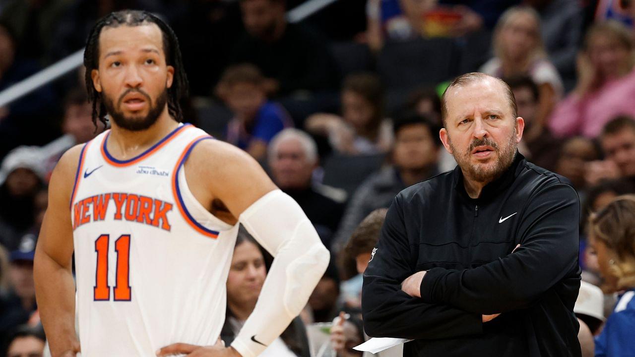 New York Knicks head coach Tom Thibodeau (R) and Knicks guard Jalen Brunson (11) look on during a stoppage in play against the Washington Wizards in the third quarterat Capital One Arena.