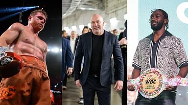 Canelo Alvarez (L), Dana White (C), Terence Crawford (R)