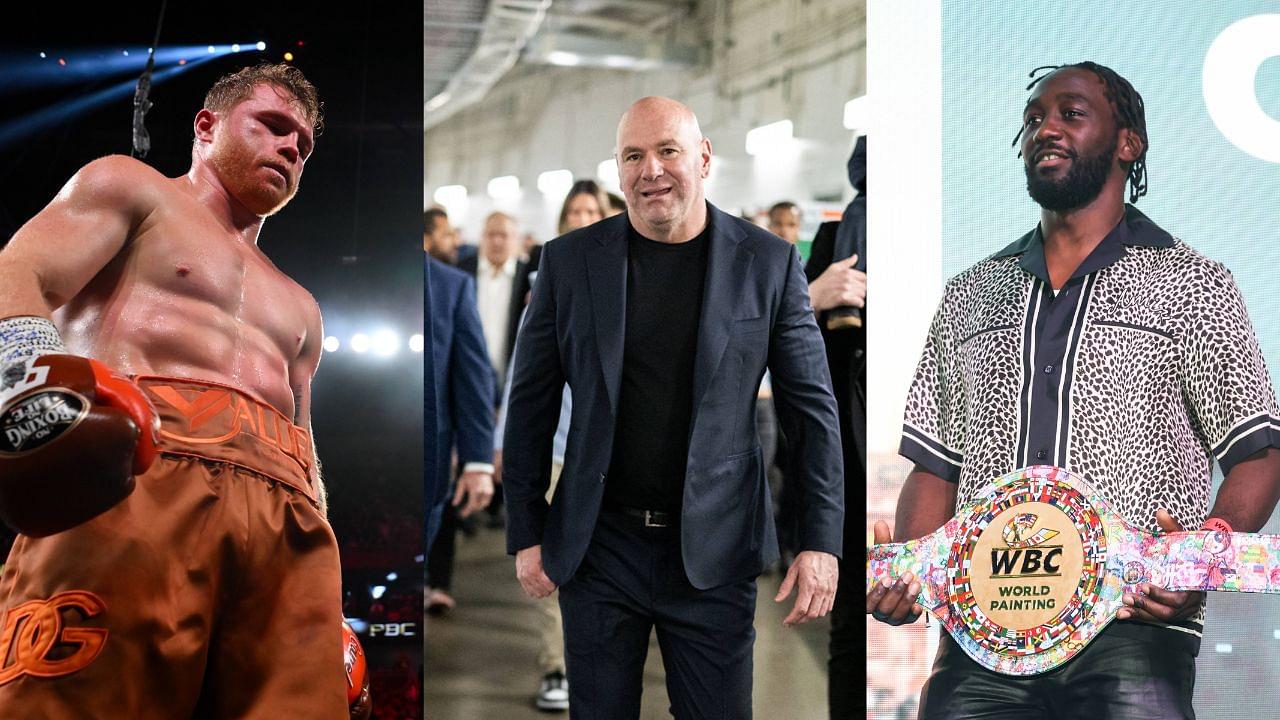 Canelo Alvarez (L), Dana White (C), Terence Crawford (R)