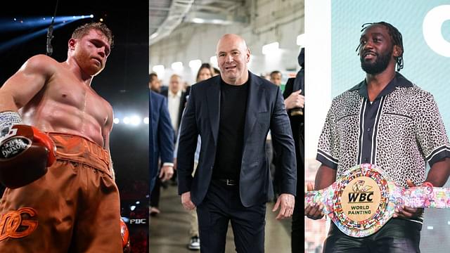 Canelo Alvarez (L), Dana White (C), Terence Crawford (R)