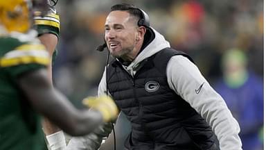 Green Bay Packers head coach Matt LaFleur celebrates a touchdown by running back Chris Brooks during the second quarter of their game against the New Orleans at Lambeau Field.