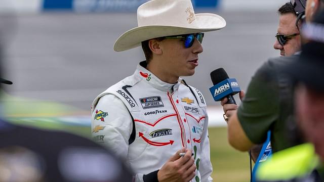 NASCAR Cup Series driver Carson Hocevar (77) talks with the media during Jack Link's 500 qualifying at Talladega Superspeedway.