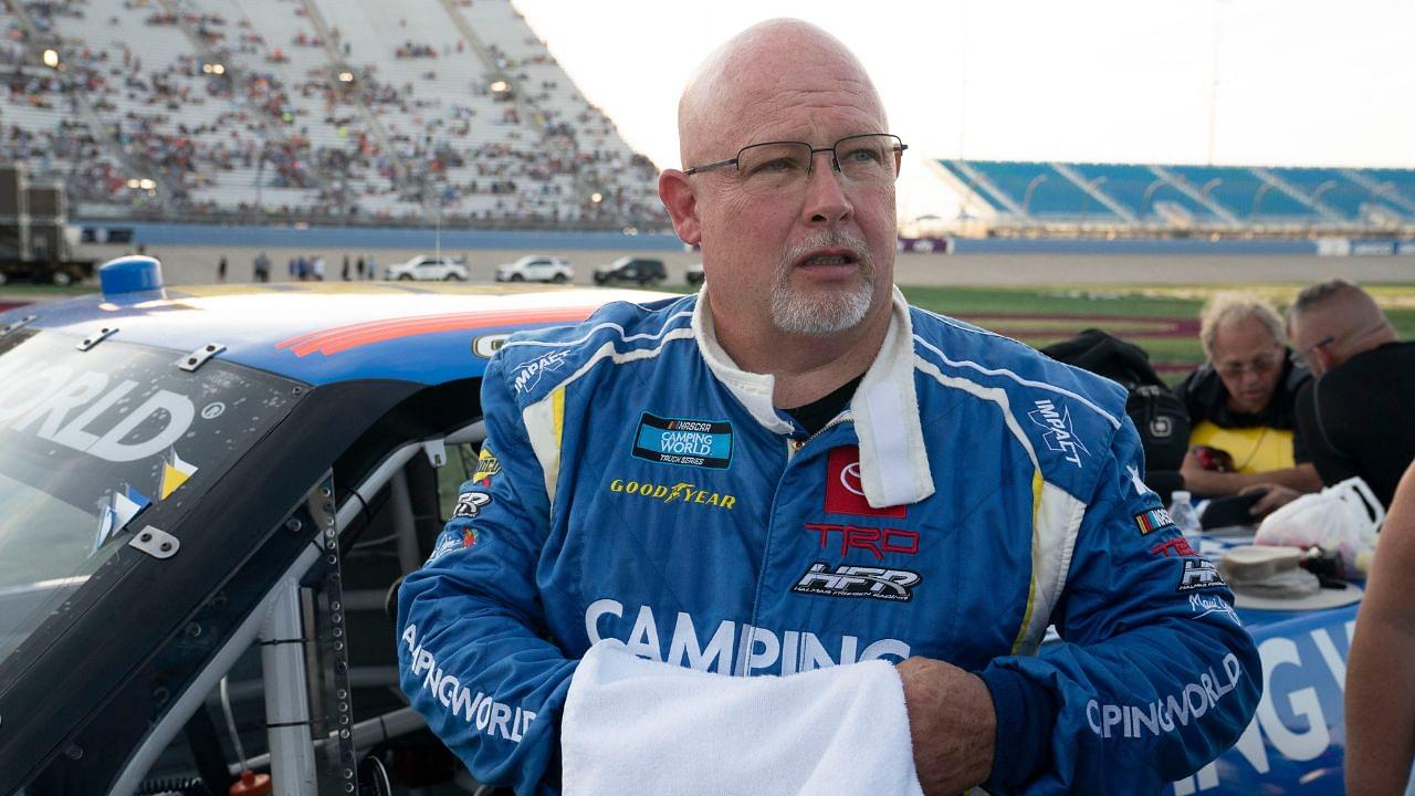 Former NASCAR Camping World Truck Series driver Todd Bodine (62) prepares for the start of the Rackley Roofing 200 NASCAR Truck Series Race at Nashville Superspeedway Friday, June 24, 2022, in Lebanon, Tenn. Nas Rackley Truck Race 003