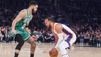 New York Knicks guard Jalen Brunson (11) looks to drive past Boston Celtics forward Jayson Tatum (0) in the first quarter at Madison Square Garden.