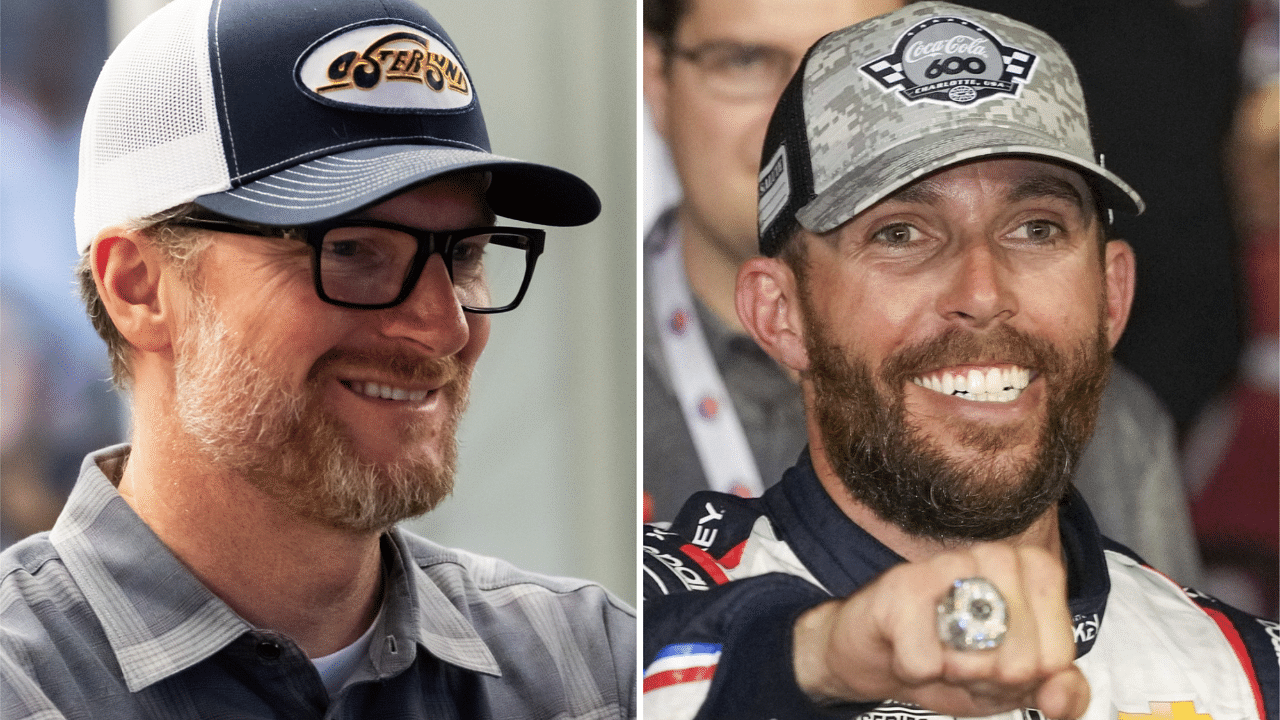 (L-R) Former NASCAR driver Dale Earnhardt Jr. with the 2025 Coca-Cola 600 winner Ross Chastain.