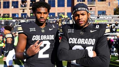 Nov 29, 2024; Boulder, Colorado, USA; Colorado Buffaloes quarterback Shedeur Sanders (2) and safety Shilo Sanders (21) before the game against the Oklahoma State Cowboys at Folsom Field.