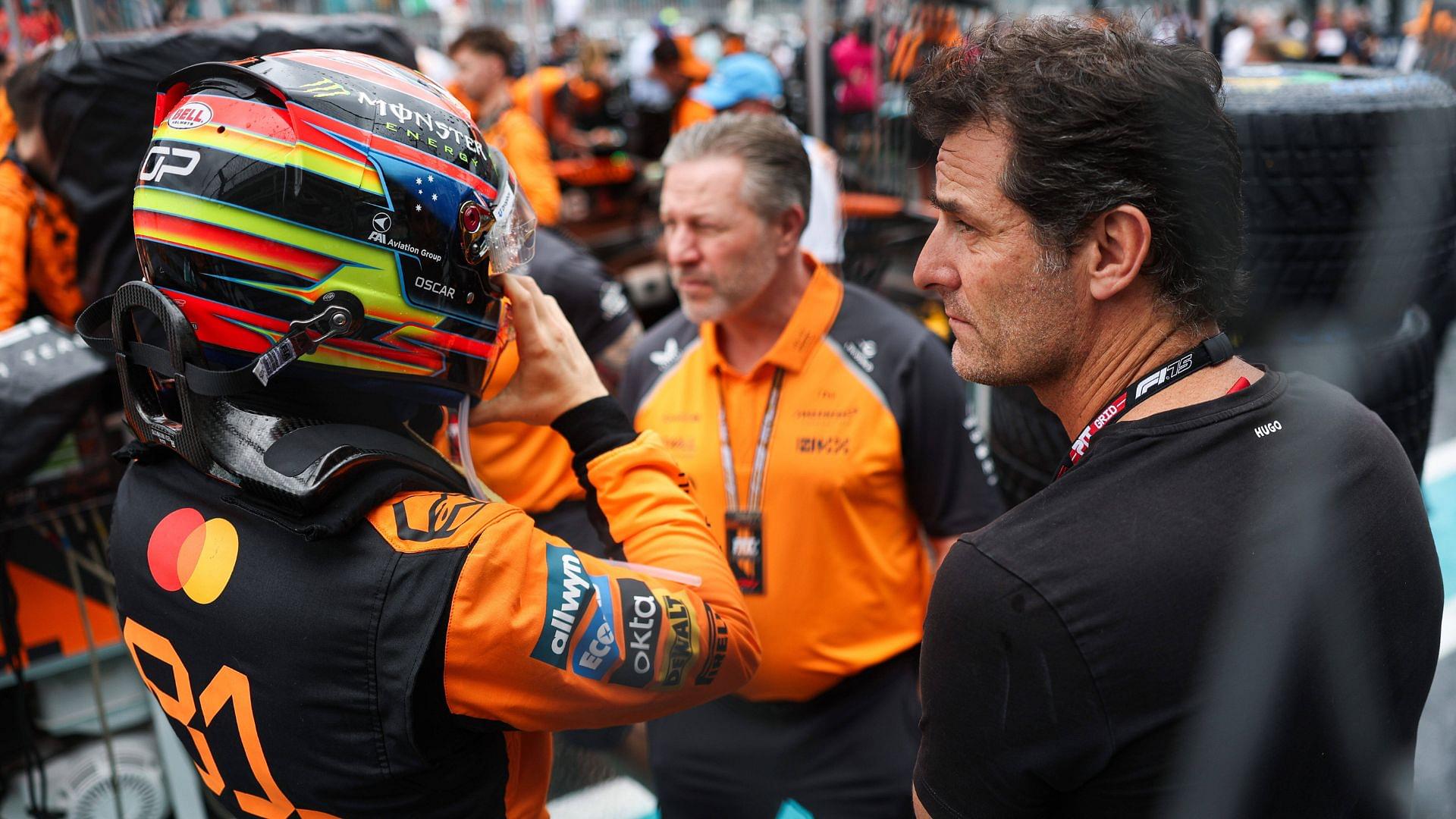F1 - MIAMI GRAND PRIX 2025 WEBBER Mark (aus), former F1 driver and TV presenter, PIASTRI Oscar (aus), McLaren F1 Team MCL39